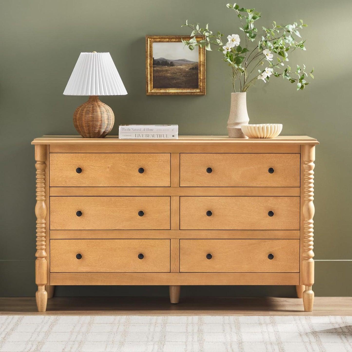 EZ Assembly™ Premium Traditional Solid Wood 6-Drawer Dresser, Vintage Chest of Drawers, Spindle Dresser, Quick Assembly Furniture, 54 Inch, Natural