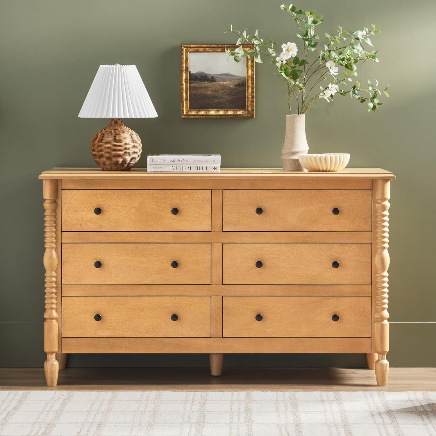 EZ Assembly™ Premium Traditional Solid Wood 6-Drawer Dresser, Vintage Chest of Drawers, Spindle Dresser, Quick Assembly Furniture, 54 Inch, Natural