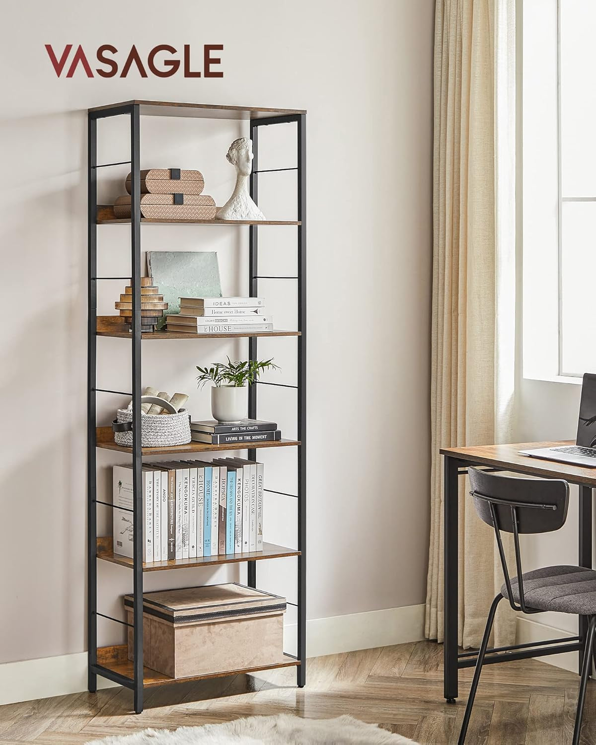 6-Tier Bookshelf, Bookcase for Office, 11.8 X 23.6 X 70.1 Inches, Shelving Unit, with Back Panels, Industrial Style, for Living Room, Study, Home Office, Rustic Brown and Black ULLS118B01