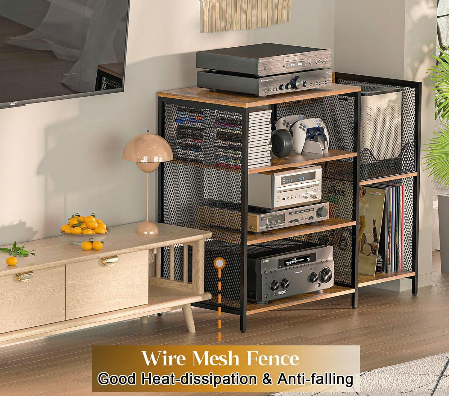 Large Record Player Stand Table with Vinyl Record Holder up to 150PCS, AV Media Stand Stereo Cabinet Shelf Rack Tower with Storage, Sturdy, Adjustable Feet, Rustic, Large Capacity