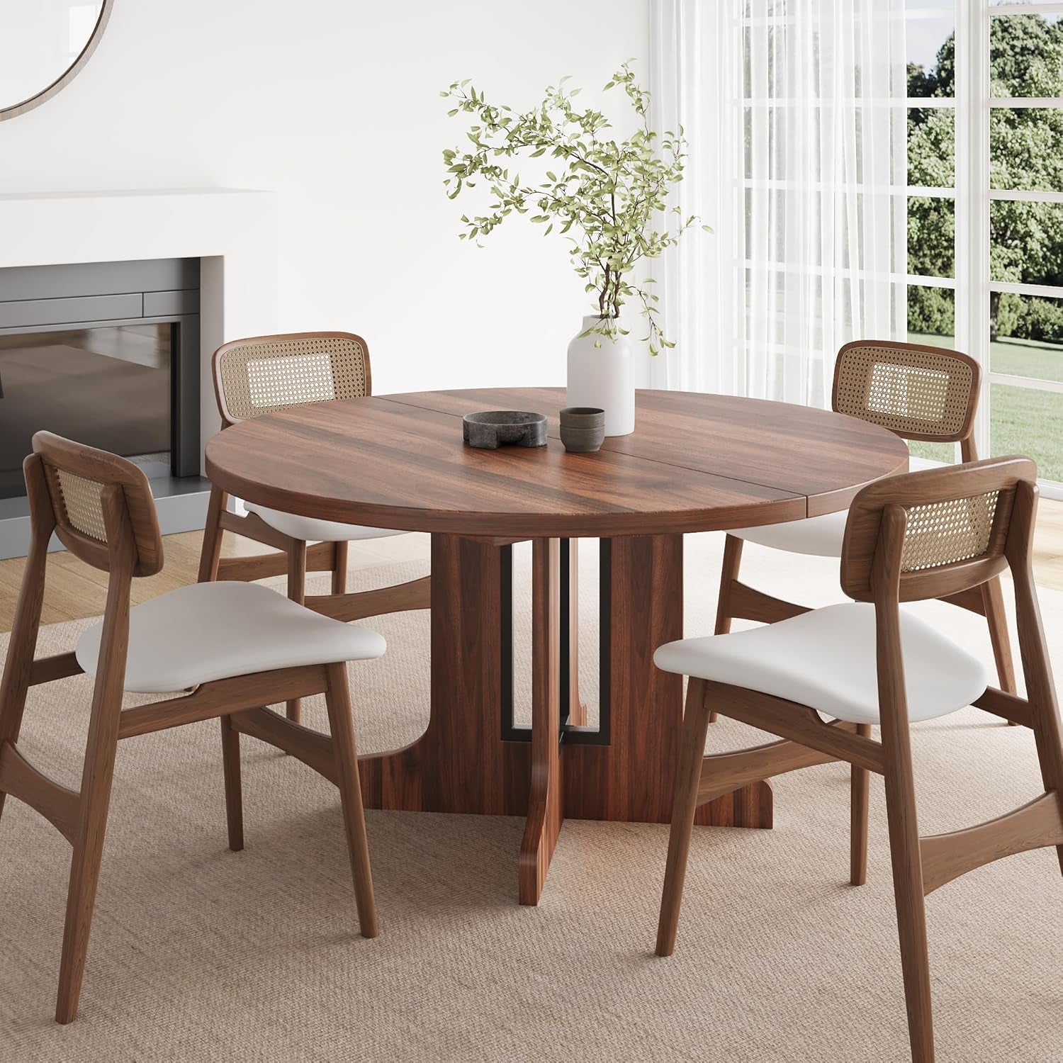 59" round Extendable Dining Room Table for 4-6, Modern Oval Kitchen Table with Heavy Duty Wood Base, Metal Frame Support, for Kitchen Dining Living Room, Easy Assembly, Walnut