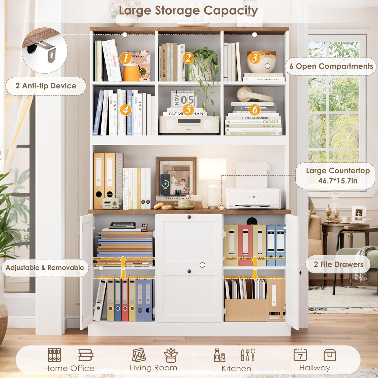 72'' Tall File Bookcase with Power Outlet & Printer Stand, 2 Drawer Filing Cabinets for Home Office Fit Hanging A4 File, Storage Cabinet W/ 3 Tier Open Book Shelf & Doors for Living Room, White