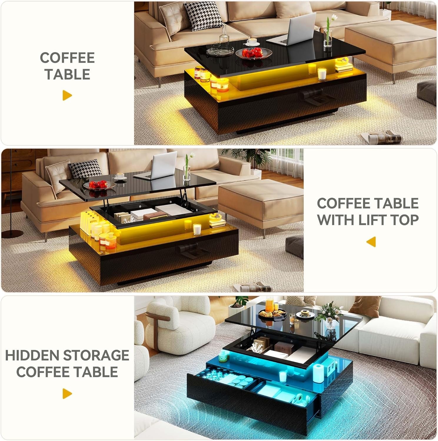 LED Lift Top Coffee Tables for Living Room, Rectangular Coffee Table with 4 Spacious Drawers, Modern Center Table with Lifting Top for Home Decor, Black
