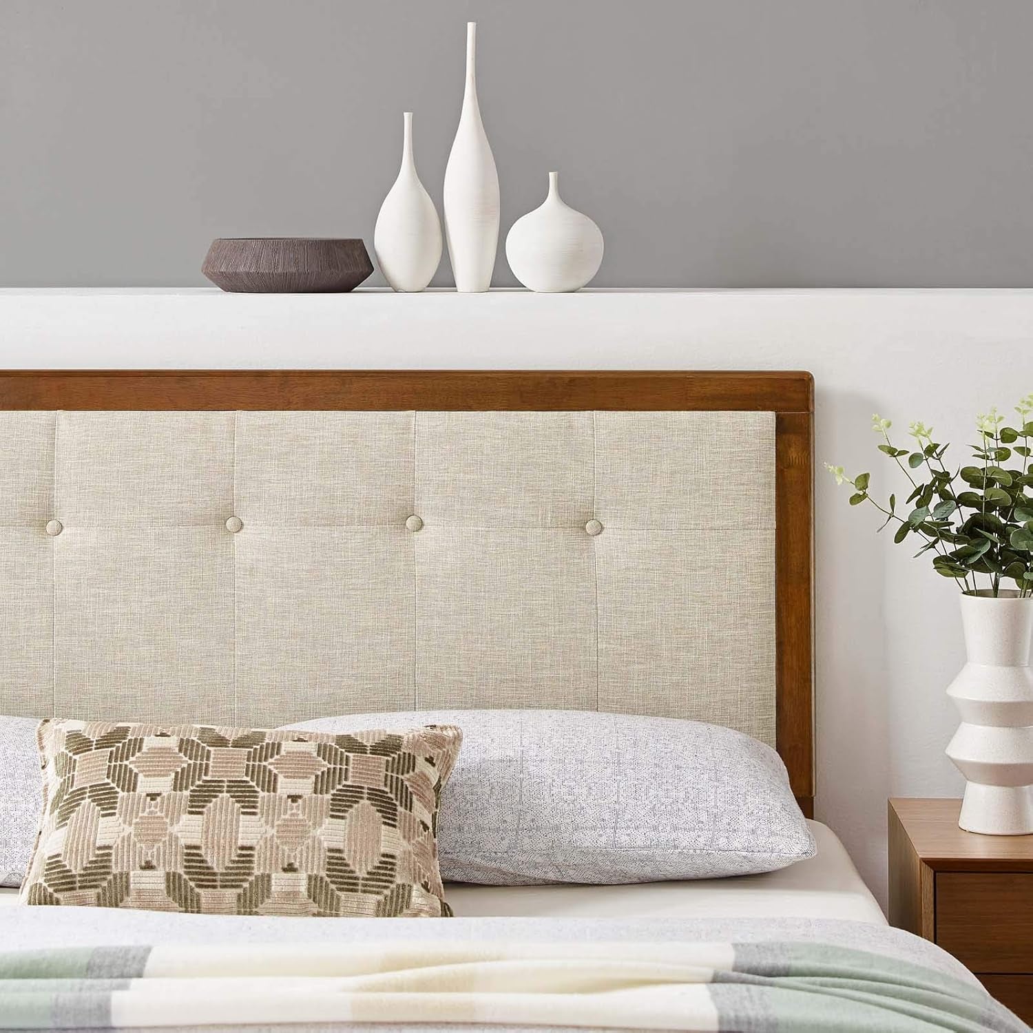 Draper Tufted King Fabric and Wood Headboard in Walnut Beige