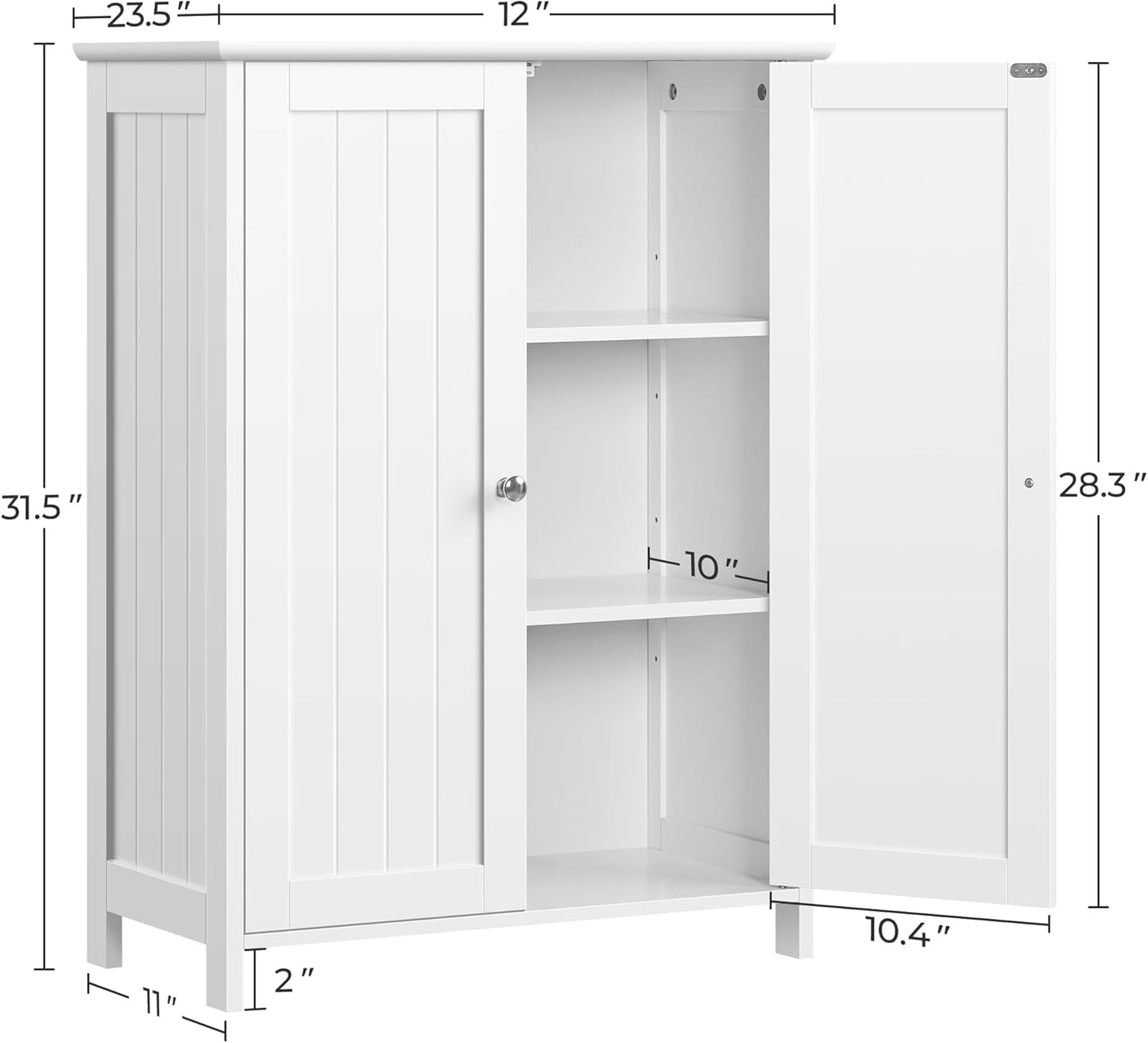 Bathroom Floor Cabinet, Modern Storage Freestanding Organizer Cabinet with Adjustable Shelves & Double Doors, 3-Tier Home Living Room Furniture, White