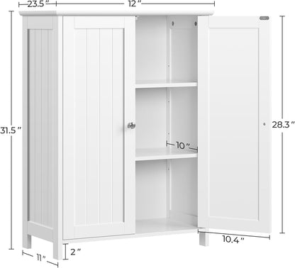 Bathroom Floor Cabinet, Modern Storage Freestanding Organizer Cabinet with Adjustable Shelves & Double Doors, 3-Tier Home Living Room Furniture, White