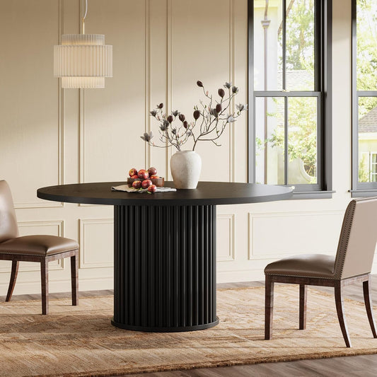 Black round Dining Table for 4-6 People, 47.24-Inch Circle Kitchen Table with Sturdy Fluted MDF + Metal Base, Modern Home Dining Room Furniture, Black