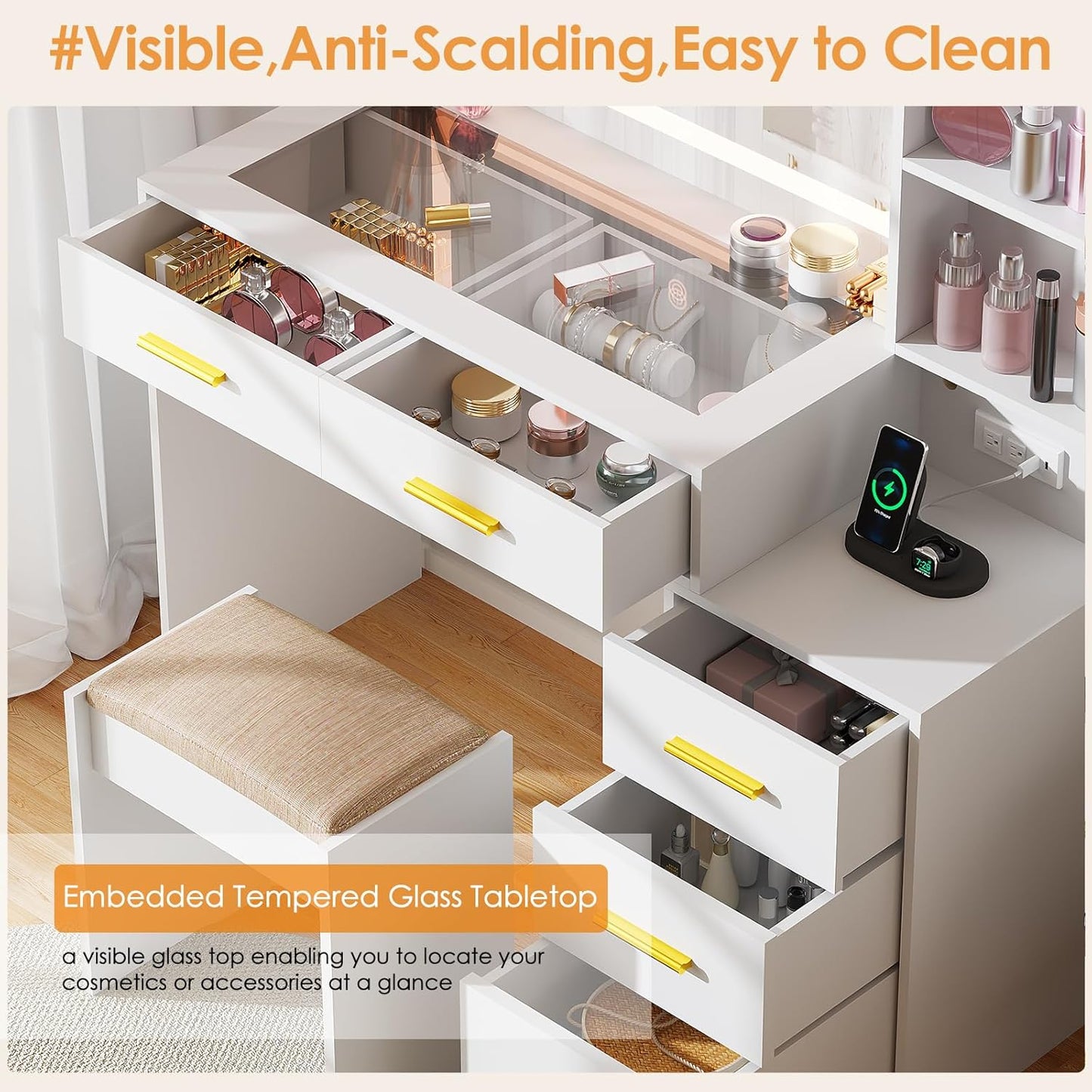 Makeup Vanity Desk with Mirror and Lights,White Vanity Table with Glass Top,Makeup Desk with Power Outlet,5 Drawers,3 Lighting Modes,Stool,Nightstand,Dressing Table for Bedroom Girls FST29W