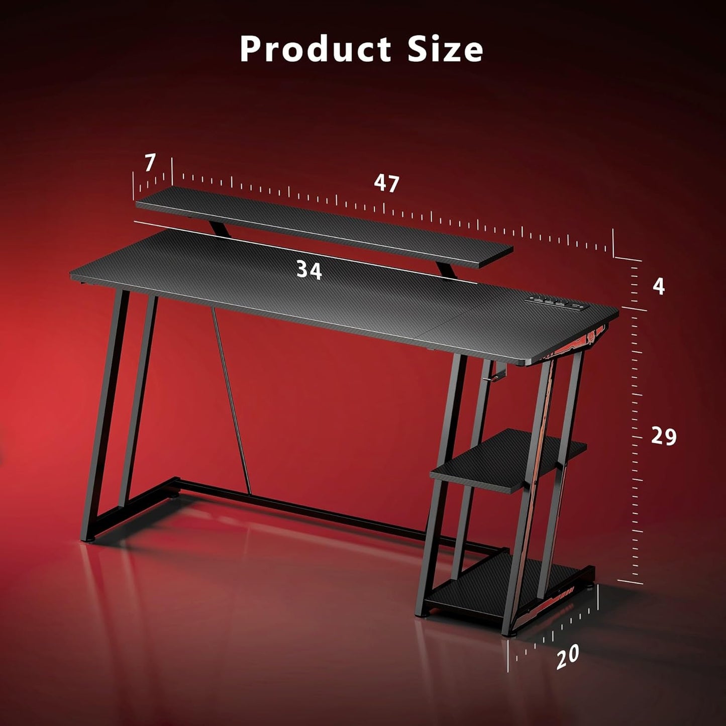 47-Inch Gaming Desk with LED Lights & Power Outlets|Carbon Fiber Gaming Table with Monitor Stand & Adjustable Storage Shelves|Rgb Ergonomic Gamer Desk, Esports & Streaming, Black