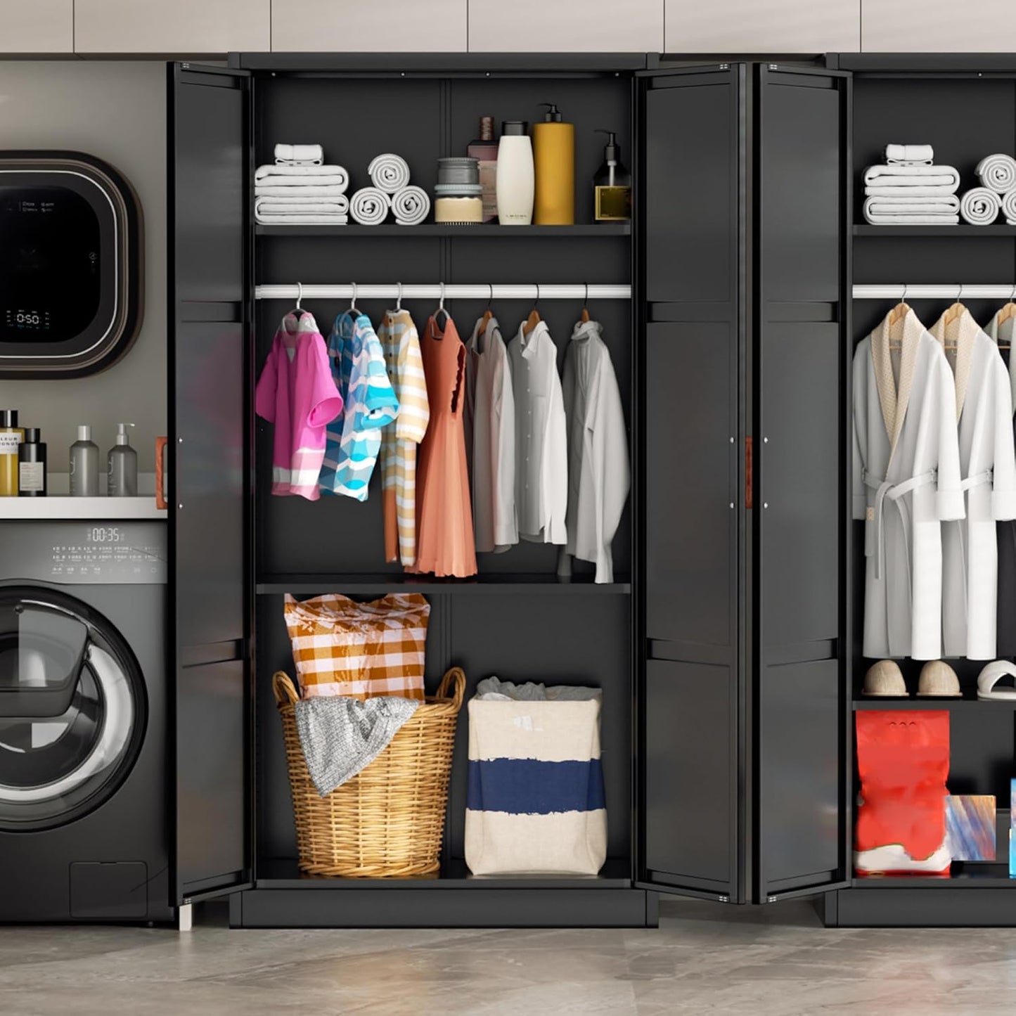 Metal Wardrobe Cabinet with Wooden Handle, 72" Black Metal Wardrobe Closet with Hanging Rods and Adjustable Shelves, Clothing Storage Closet Cabinet for Bedroom, Cloak Room, Laundry Room