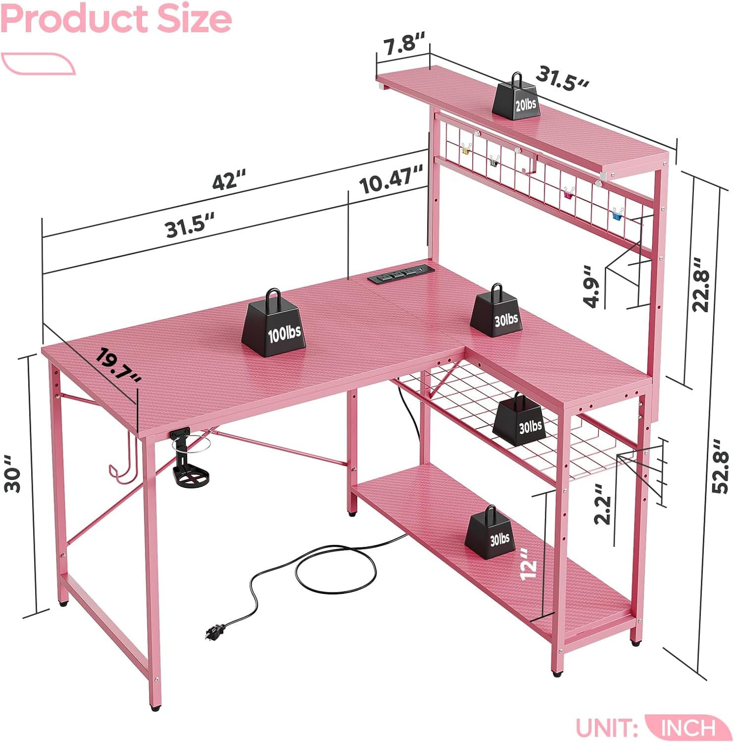 42 L Gaming Desk,Computer Desk with Power Outlets, LED Lights, Reversible Corner Desk with 4-Tier Shelves,Cup Holder & Hook Carbon Fiber Pink