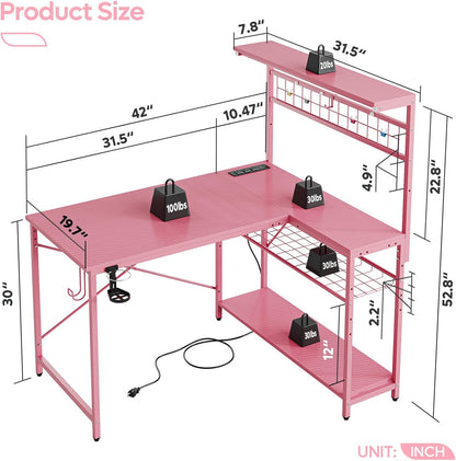42 L Gaming Desk,Computer Desk with Power Outlets, LED Lights, Reversible Corner Desk with 4-Tier Shelves,Cup Holder & Hook Carbon Fiber Pink