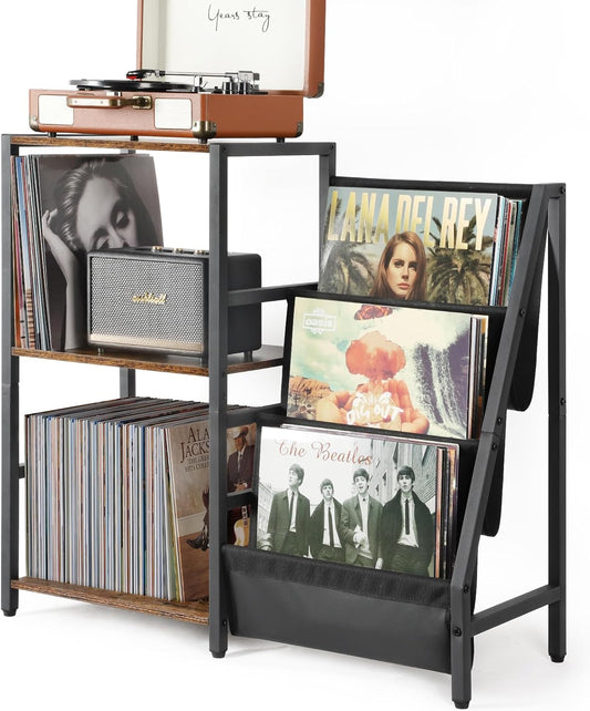 Record Player Stand, Turntable Stand with 3-Tier Vinyl Record Storage, Record Player Table 200 Albums, End Table with Vinyl Display Holder Shelf, Record Player Cabinet Media Console for Stereo
