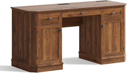 59" Classic Executive Desk with Storage, Victorian Executive Desk with Charging Station, Keyboard Tray, 3 Drawers & 2 Cabinet Storage & 2 Pedestals, Easy Assembly, Dark Walnut