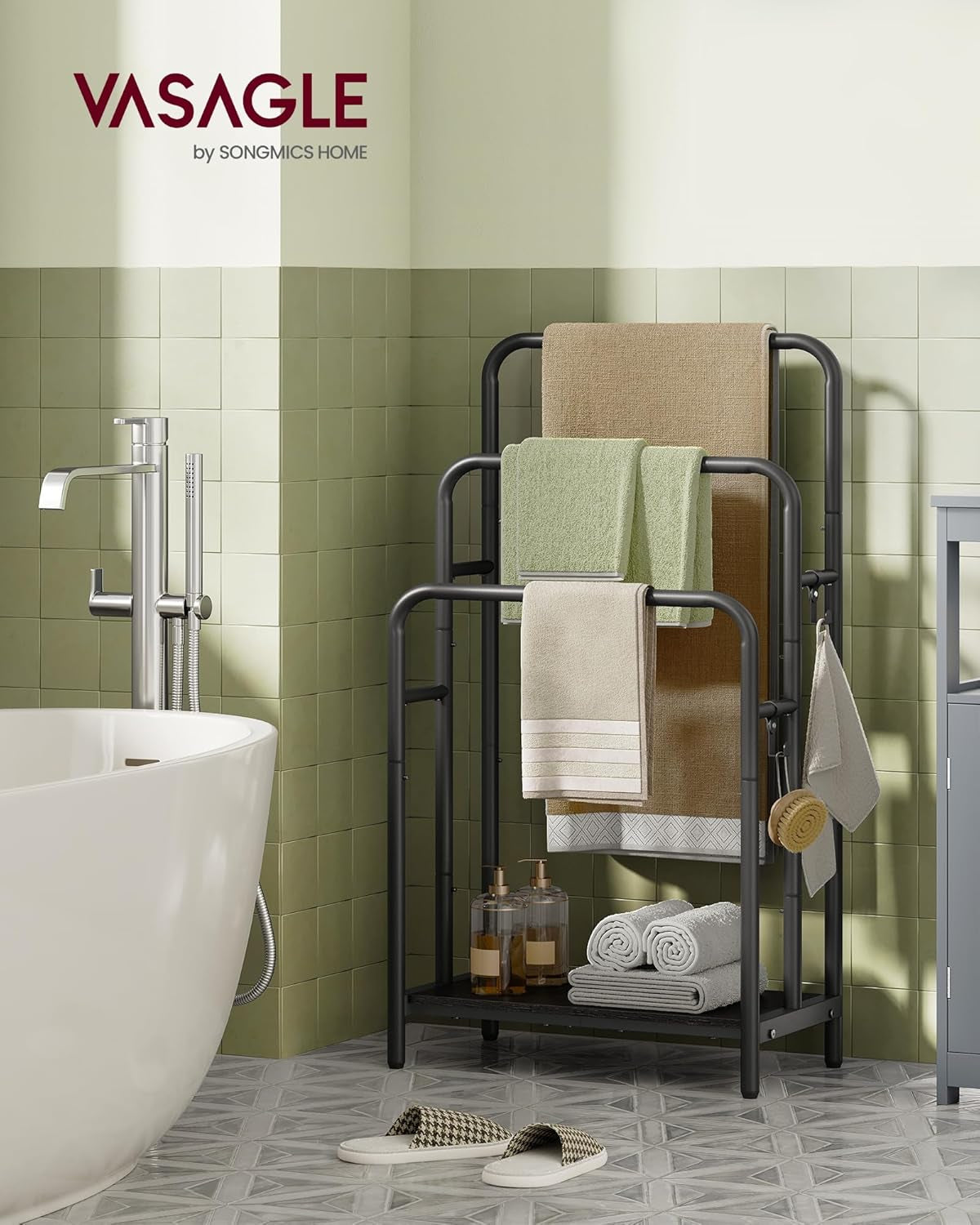 Freestanding Towel Rack, 3-Tier Blanket Holder with Storage Shelf, 19.7 X 11.8 X 39.4 Inches, 2 Hooks, for Bath Towels, Ink Black and Ebony Black ULLS009B01