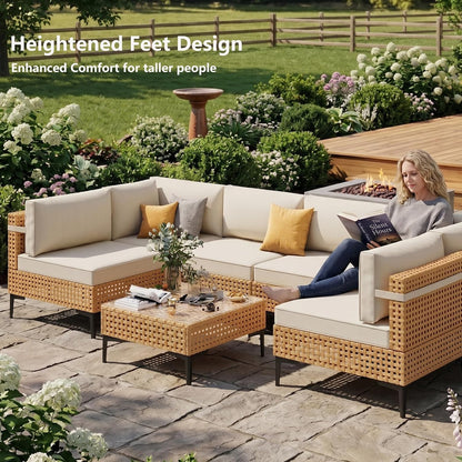 Patio Furniture Set, 110" Large 7-Piece Wicker Outdoor Patio Furniture Sets with Anti-Slip Cushions & Coffee Table,Boho Patio Conversation Set Sectional Sofa for Backyard,Porch,Beige