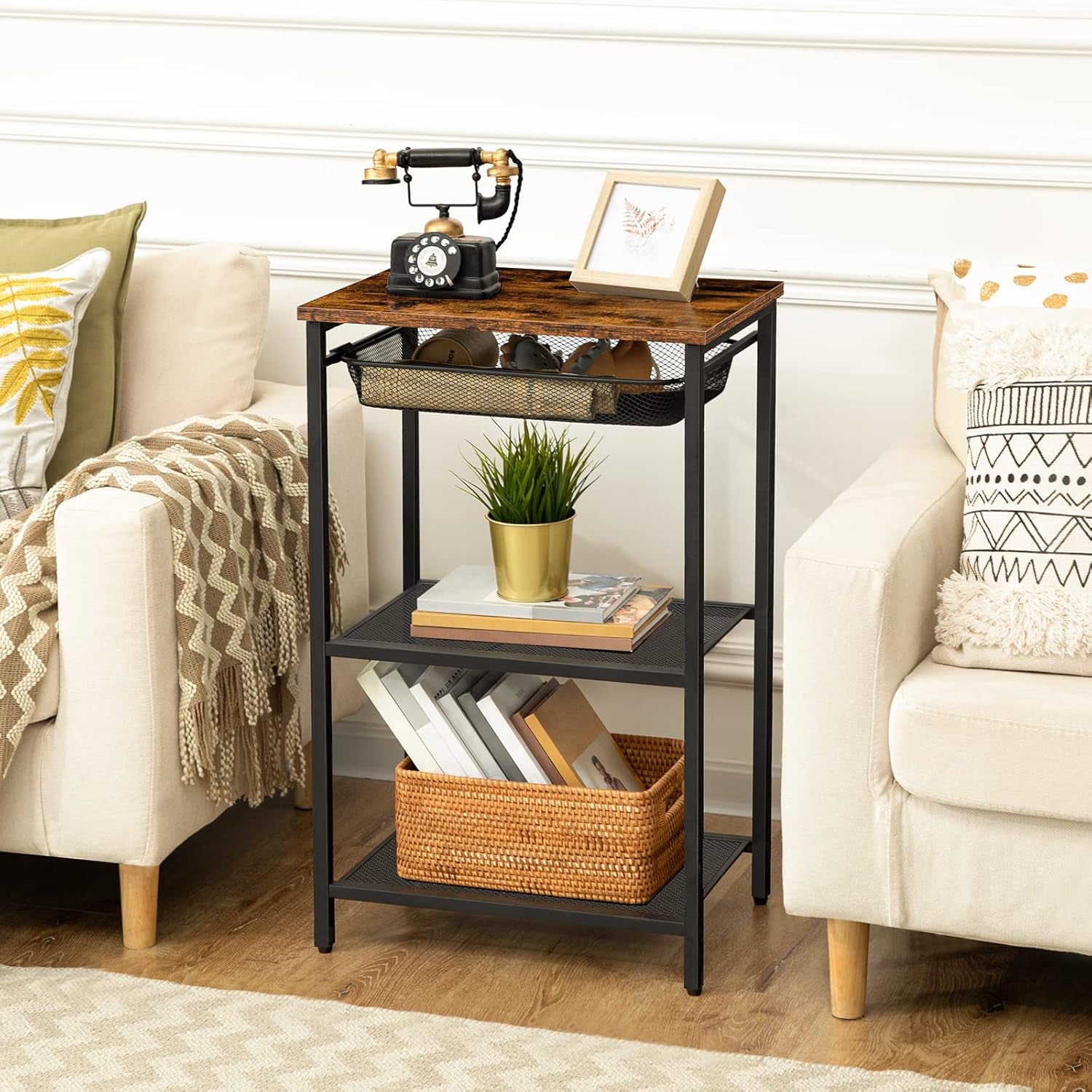 Small Side Table, Industrial Tall End Table with Adjustable Metal Mesh Basket, Telephone Table with Storage Shelf for Living Room, Bedroom, Hallway, Easy Assembly, Rustic Brown BF02DH01