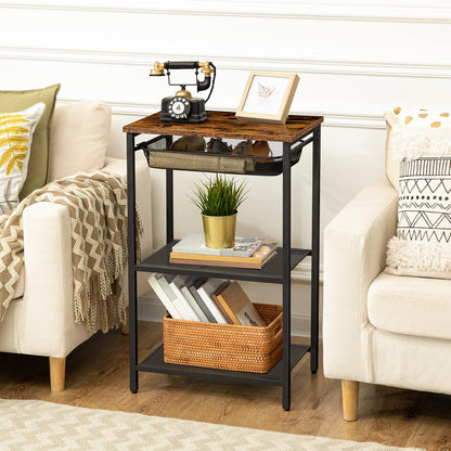 Small Side Table, Industrial Tall End Table with Adjustable Metal Mesh Basket, Telephone Table with Storage Shelf for Living Room, Bedroom, Hallway, Easy Assembly, Rustic Brown BF02DH01