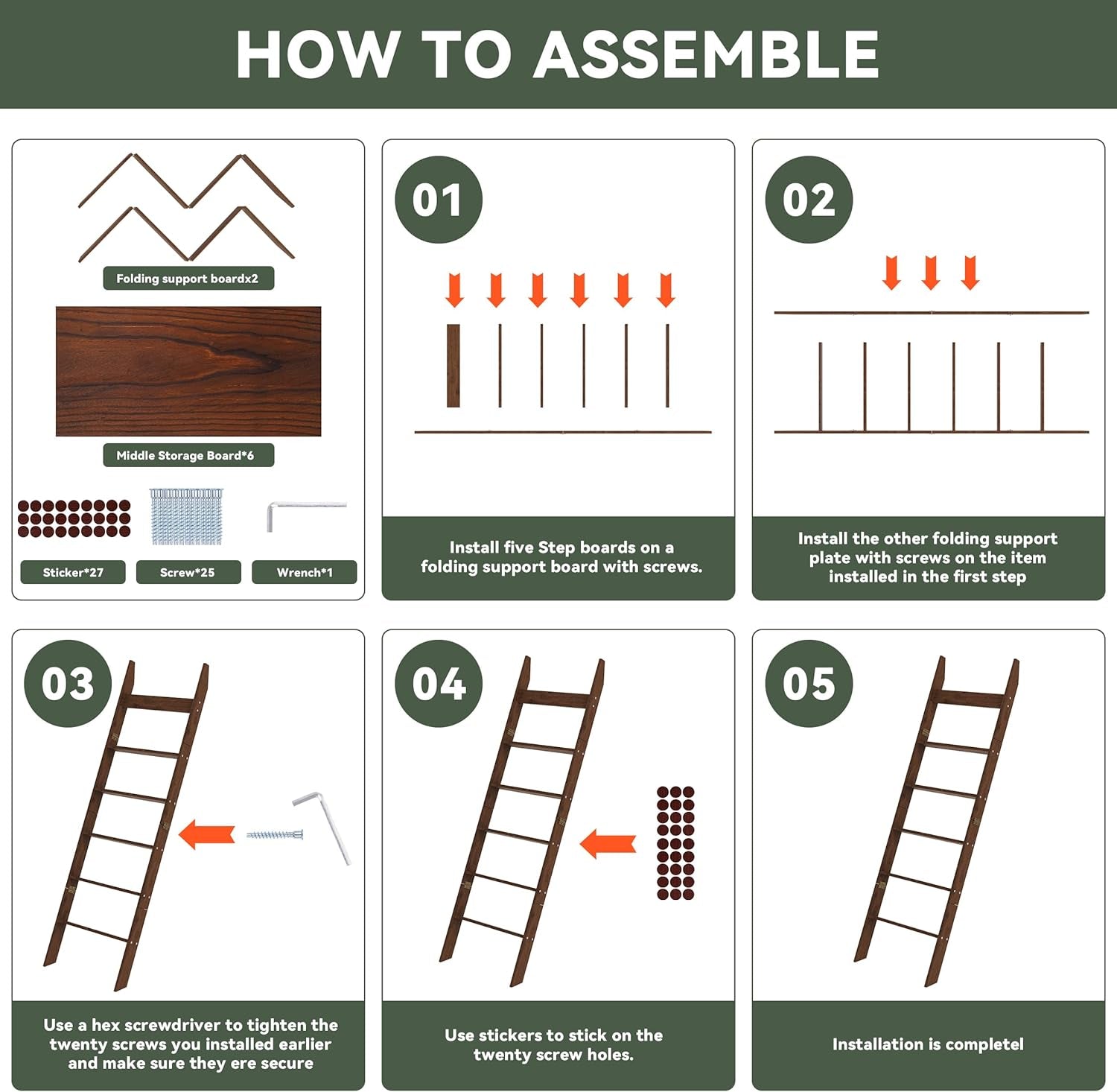 6-Tier Blanket Ladder for Living Room, 5.6FT Pine Wood Quilt Rack with 4 Anti-Slip Straps and 4 Removable Hooks, Lightweight, Easy Assembly, Hinged Design, Farmhouse Decorative Shelf