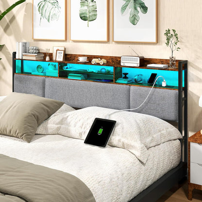 King Size Upholstered Headboard with 2 Outlets and LED Lights, King Bed Headboard with Charging Station & Storage Shelves, King Headboard Only, Height Adjustable, Easy Assembly, Brown
