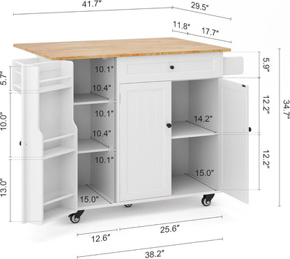 Kitchen Island with Storage, Island Table for Kitchen with Drop Leaf, 5 Wheels, Interal Storage Rack, a Drawer, Spicy Rack and Towel Bar, Sufficient Countertop Space and Storage, White