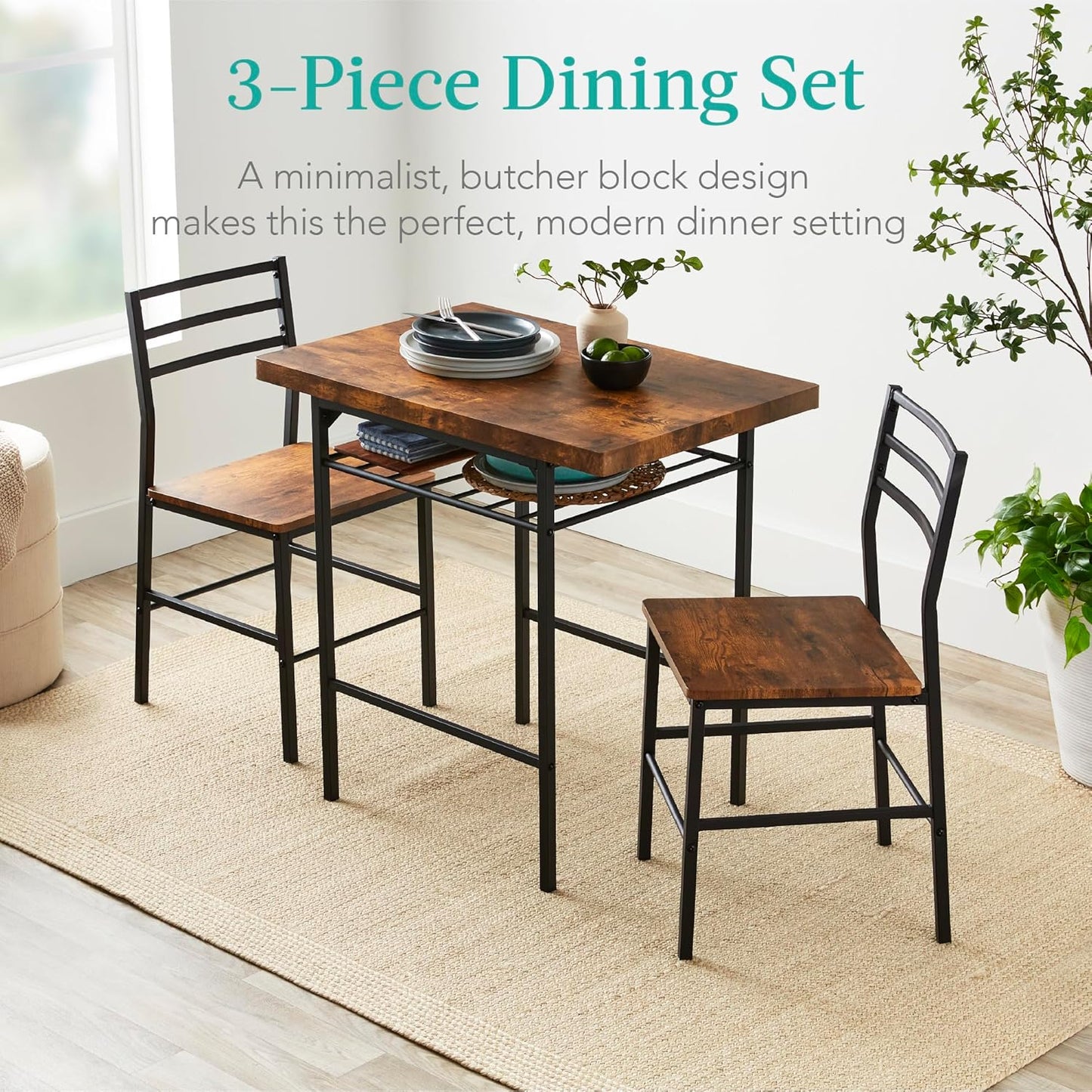 3-Piece Modern Dining Set, Space Saving Dinette for Kitchen, Dining Room, Small Space W/Steel Frame, Built-In Storage Rack - Medium Brown/Black