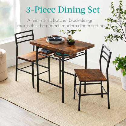 3-Piece Modern Dining Set, Space Saving Dinette for Kitchen, Dining Room, Small Space W/Steel Frame, Built-In Storage Rack - Medium Brown/Black