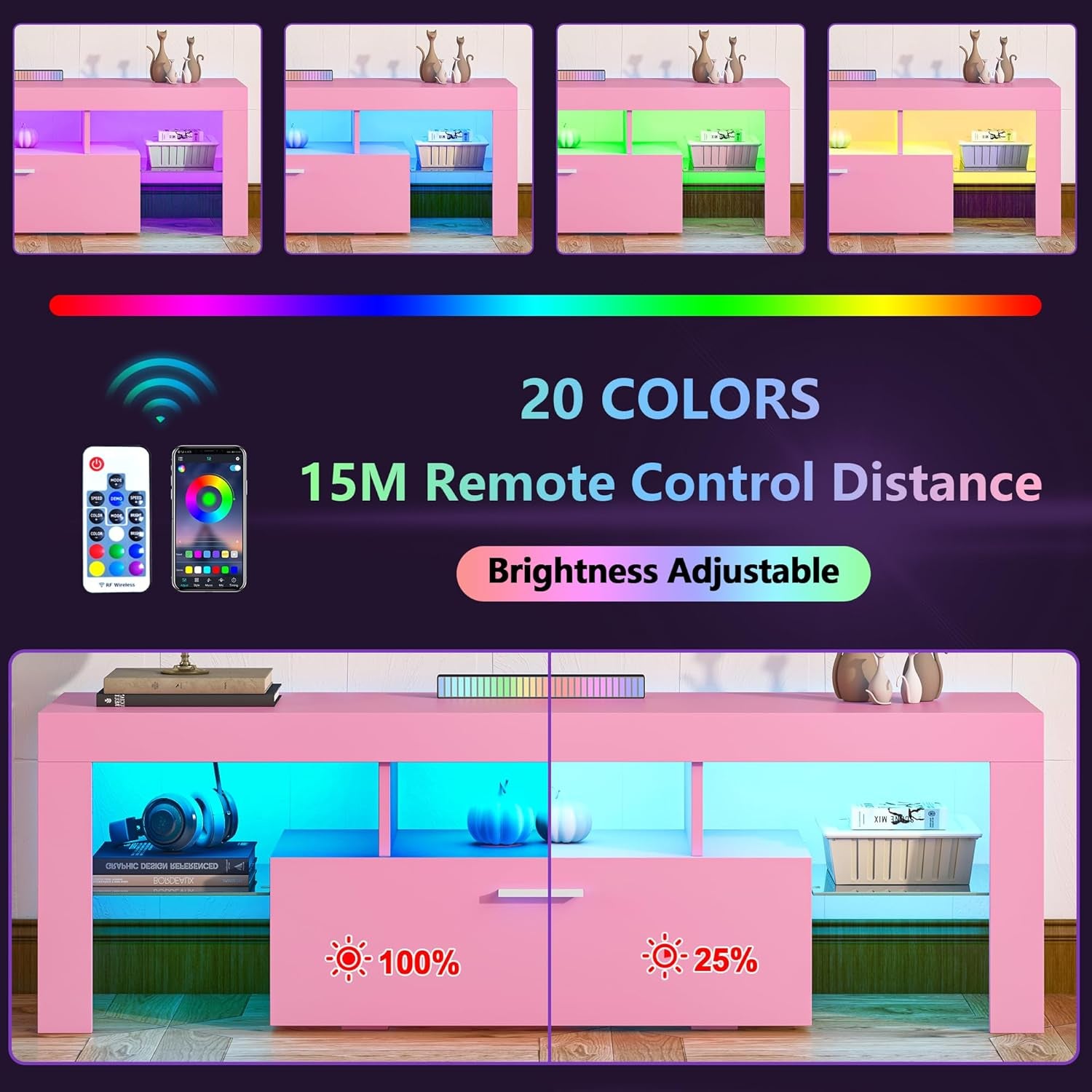 Modern Lighting 51 Inch TV Stand with Large Storage Drawer for 32 40 50 55 Inch Tvs, TV Console with 20 Color LED Lights, Entertainment Center Media and Open Shelf for Bedroom, Pink