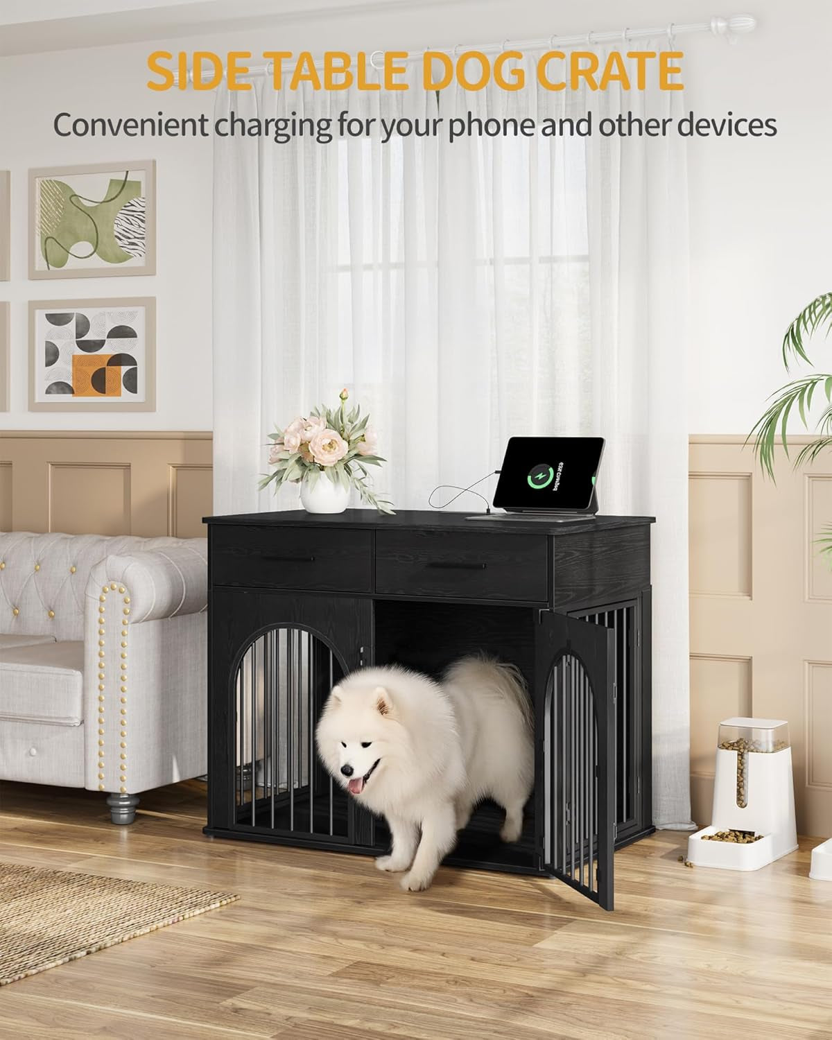 43.3'' Large Dog Crate Furniture with 2 Storage Drawers, Heavy Duty Dog Kennel Indoor with Charging Station, Wooden Dog Cage End Table Kennel for Medium/Large Dogs, White Brown DFC88214B