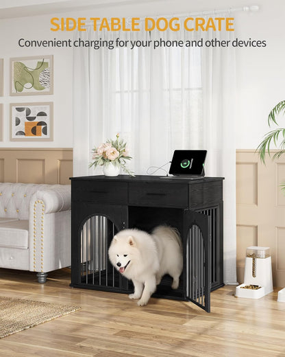 39.4'' Large Dog Crate Furniture with 2 Storage Drawers, Heavy Duty Dog Kennel Indoor with Charging Station, Wooden Dog Cage End Table Kennel for Medium/Large Dogs, White Brown DFC84214B