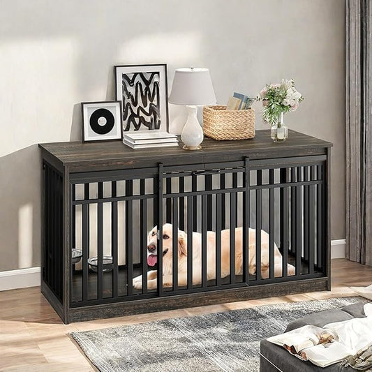 55 Inch Large Dog Crate Furniture, Heavy Duty Wooden Dog Crate TV Stand with 2 Dog Bowls, Metal Dog Kennel Indoor Furniture Sliding Barn Door Design for Extra Large Dogs, Black Oak