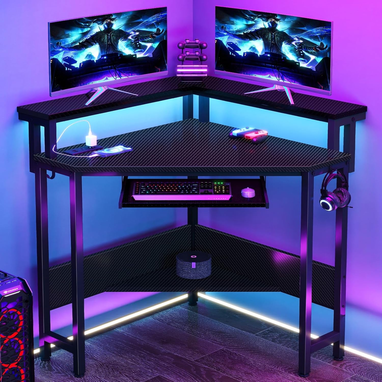 Conner Desk Home Office Computer Desk for Small Space with LED Lights Gaming Table with Storage Shelves Power Outlets Monitor Stand Keyboard Tray for Bedroom, Black