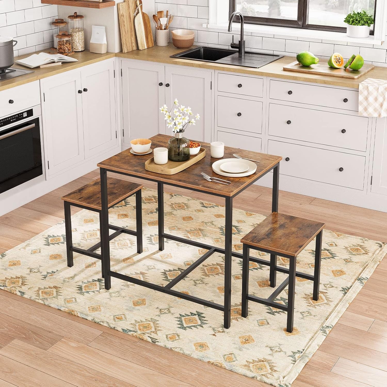 3-Piece Industrial Dining Table Set, Kitchen Table, Space Saving Dinette for Kitchen, Dining Room, Small Space, Breakfast Nook, Living Room, Party, Rustic Brown and Black BF75CZ01G1