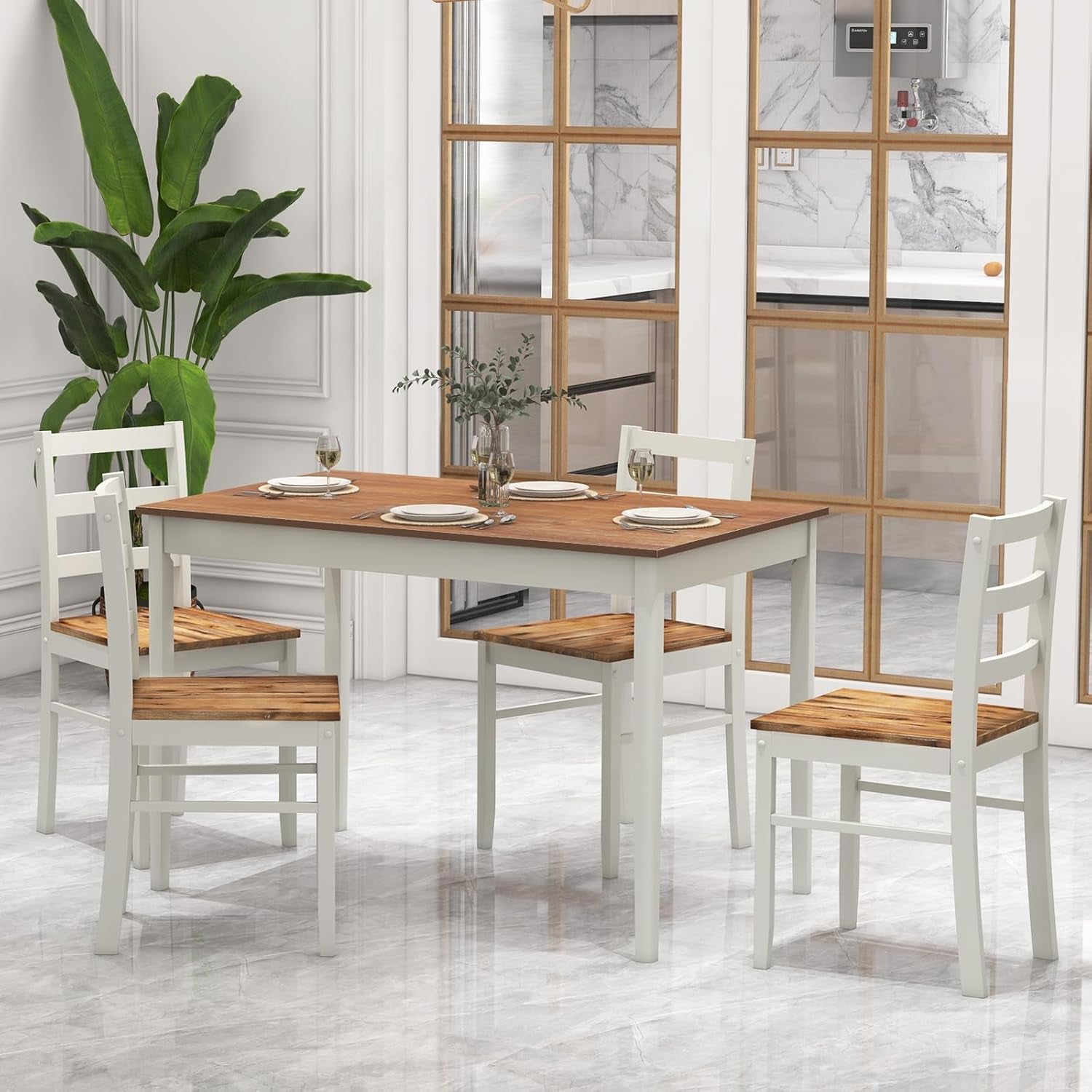 Dining Table Set for 4, Dining Room Table Set for 4, Breakfast Nook with Kitchen Table, 4 Dining Chairs, Compact Space-Saving Dinette Set for Small Space, Kitchen Table Chairs Set of 4 (Beige)