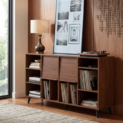Large Record Player Stand 55", Holds 600+ Vinyl Record Storage Cabinet with Charging Station, Mid Century Modern Turntable Stand for Living Room, Bedroom, Brown