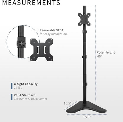 Extra Tall Single LCD Computer Monitor Free-Standing Adjustable Desk Stand for 1 Screen up to 27 Inch, STAND-V011H