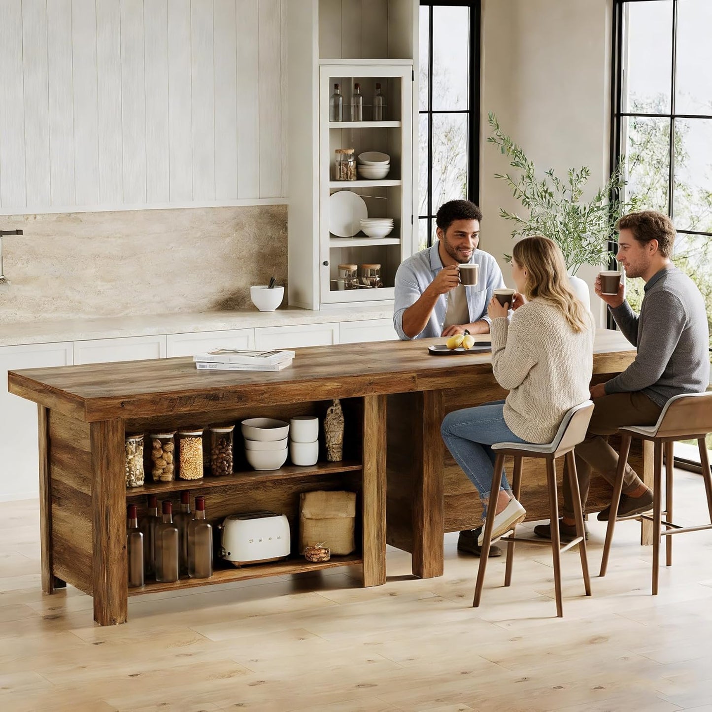 55 Inches Kitchen Island with Storage, 3-Tier Farmhouse Wooden Stationary Island Table with Large Worktop & Leg Room, Modern Coffee Bar Table with Storage Shelf for Kitchen, Rustic Brown