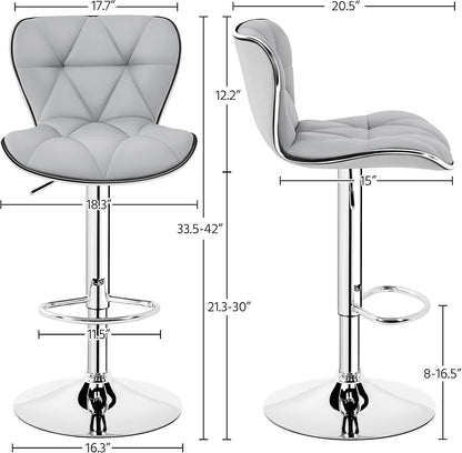 Bar Stools Set of 2, PU Leather Swivel Adjustable Barstools with Shell Back, Bar Chairs with Foma Padded for Home, Kitchen, Light Grey