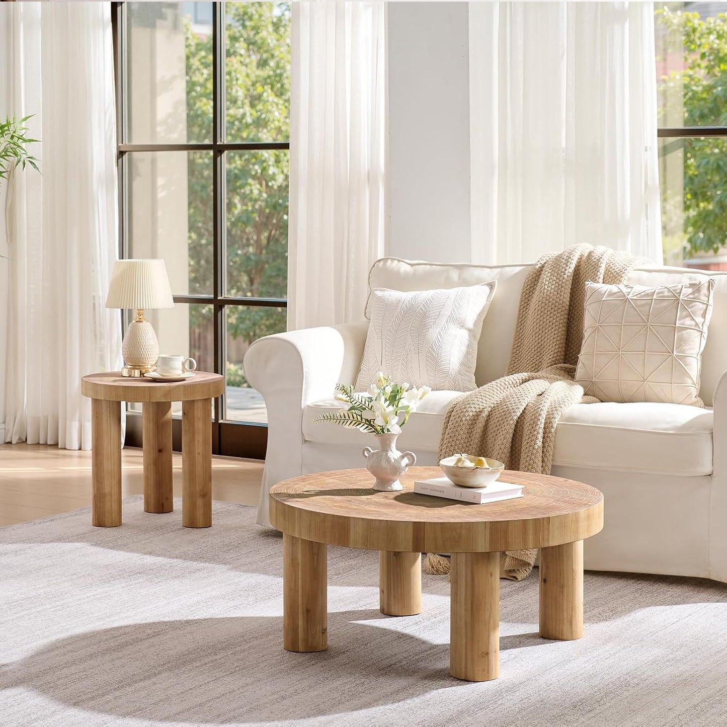 2-Piece round Farmhouse Coffee Table, Rustic Coffee Table Sets, Circle Wooden Ring Finish with Solid Wood Legs, Center Tables Set for Living Room (Natural)