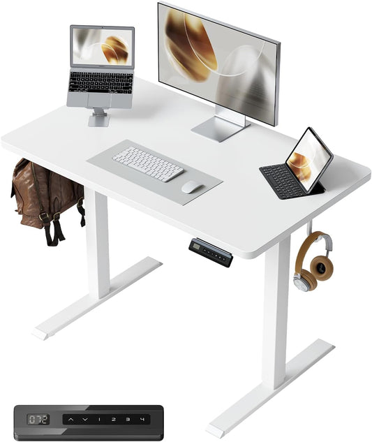 32 X 20 Small One-Piece Standing Desk, Adjustable Height Electric Computer Home Office Sit Stand up Workstation, with 4 Memory Presets, Headphone Hook, White