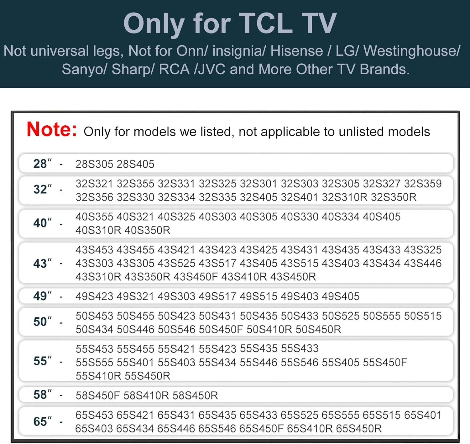 Stand for TCL TV Stand Legs Compatible with Select Models for 28 32 40 43 49 50 55 65 Inch for TCL TV Stand, for 28D2700 32S321 40S325 43S431 43S303 49S423 50S423 50S425 55S525, for TCL Roku TV Legs