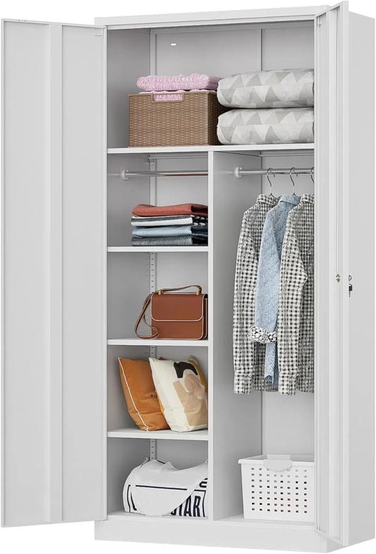 71" H Metal Armoire Wardrobe Cabinet with Doors and Shelves,5-Tire Wardrobe Closet with Rod,Adjustable Steel Locking Cabinet for Home Office,Bedroom,Garage,Laundry (White)