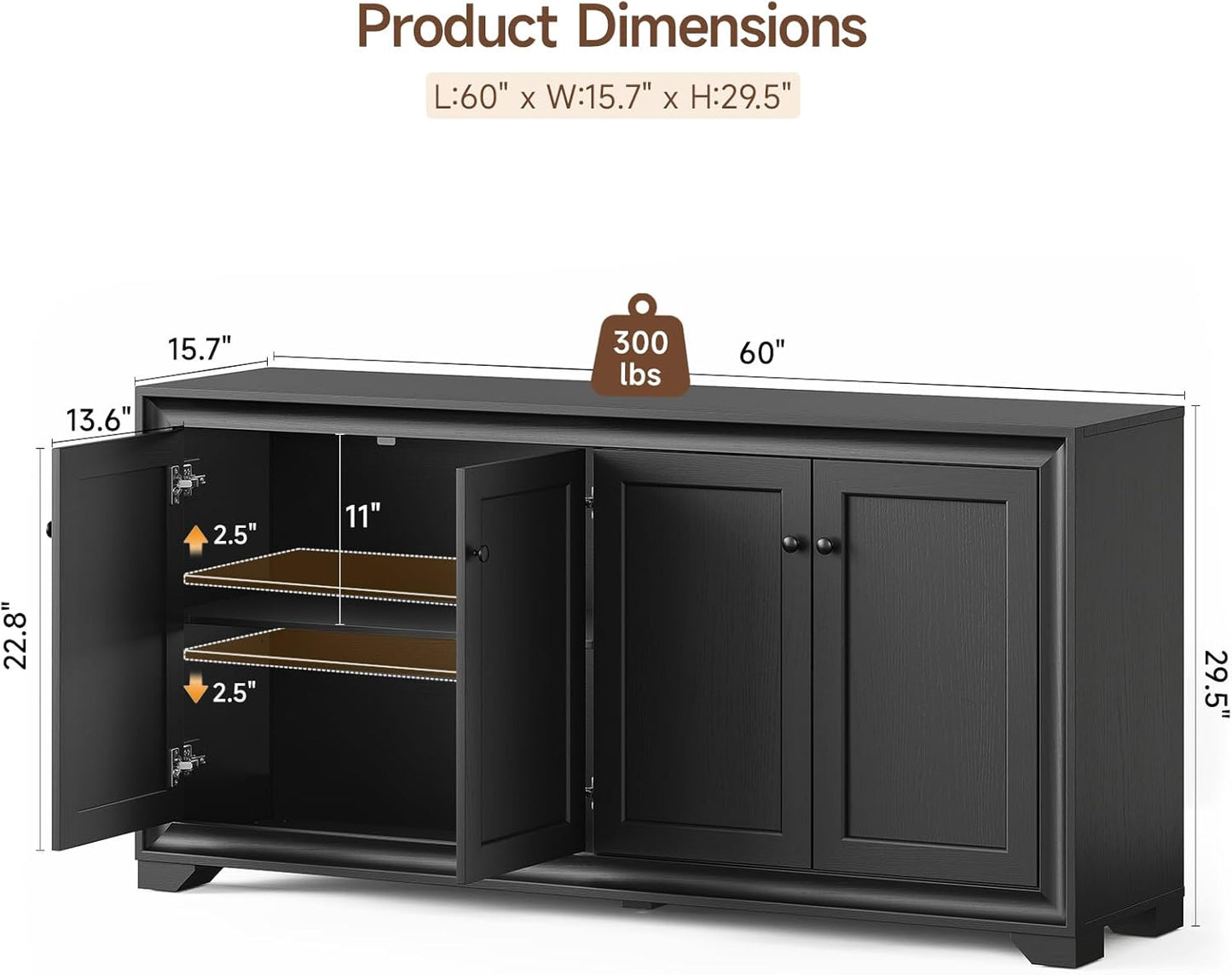 60" Buffet Cabinet with Storage, 4 Doors Sideboard Buffet Cabinet with Adjustable Shelves, Modern Coffee Bar Console Table for Living Room, Kitchen, Entryway, Black