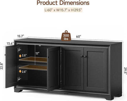 60" Buffet Cabinet with Storage, 4 Doors Sideboard Buffet Cabinet with Adjustable Shelves, Modern Coffee Bar Console Table for Living Room, Kitchen, Entryway, Black