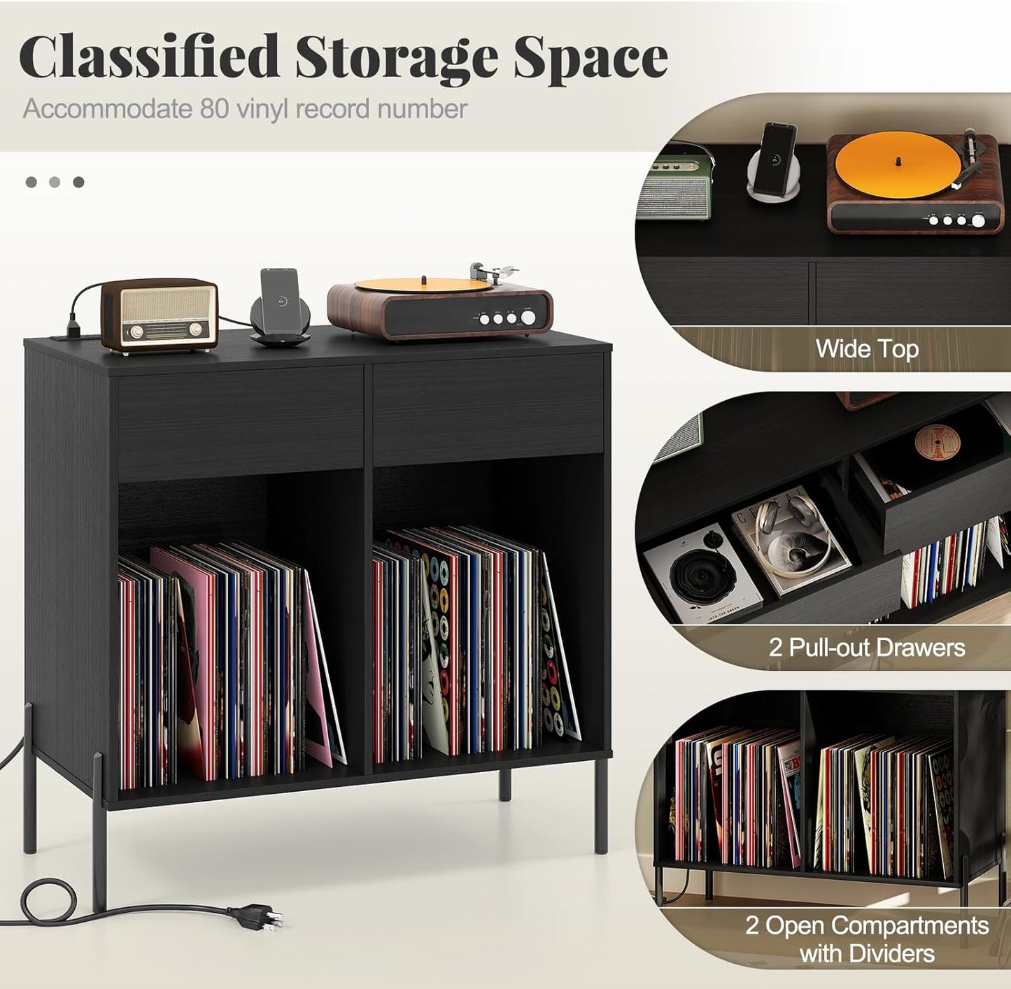 Large Record Player Stand with Charging Station, Mid Century Wood Turntable Stand with 2 Storage Drawers & Compartments, Vinyl Record Storage for Living Room (Black)