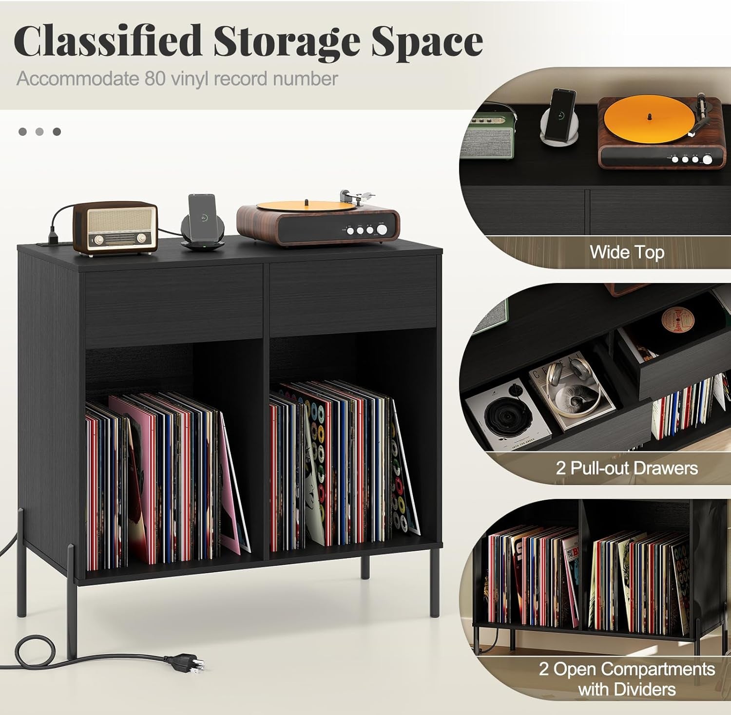 Large Record Player Stand with Charging Station, Mid Century Wood Turntable Stand with 2 Storage Drawers & Compartments, Vinyl Record Storage for Living Room (Black)