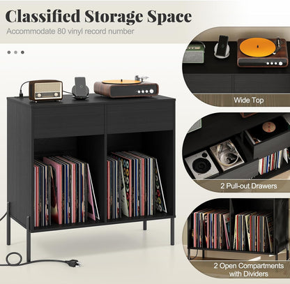 Large Record Player Stand with Charging Station, Mid Century Wood Turntable Stand with 2 Storage Drawers & Compartments, Vinyl Record Storage for Living Room (Black)