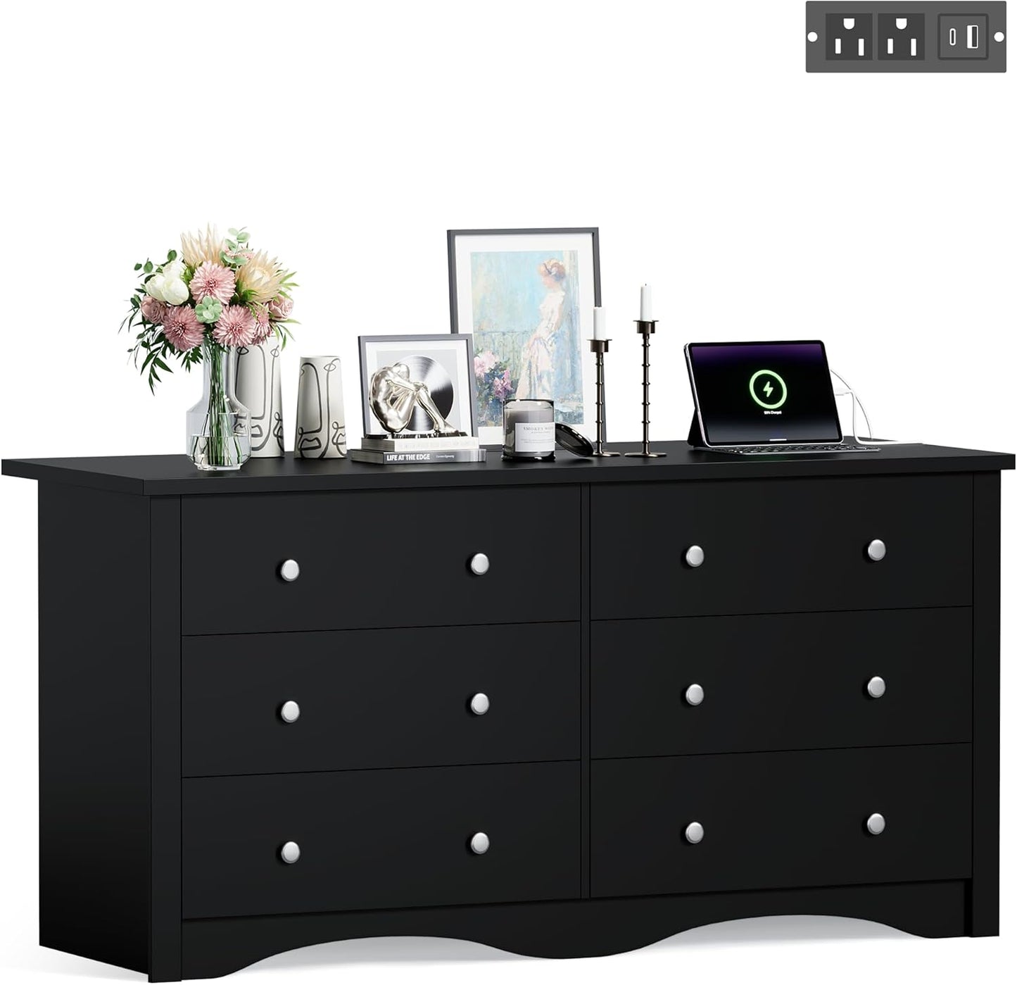 6 Drawer Dresser with Power Outlet, Modern Wooden Chest of Drawers, Multipurpose TV Stand & Closet for Bedroom, Living Room, Hallway (Black)