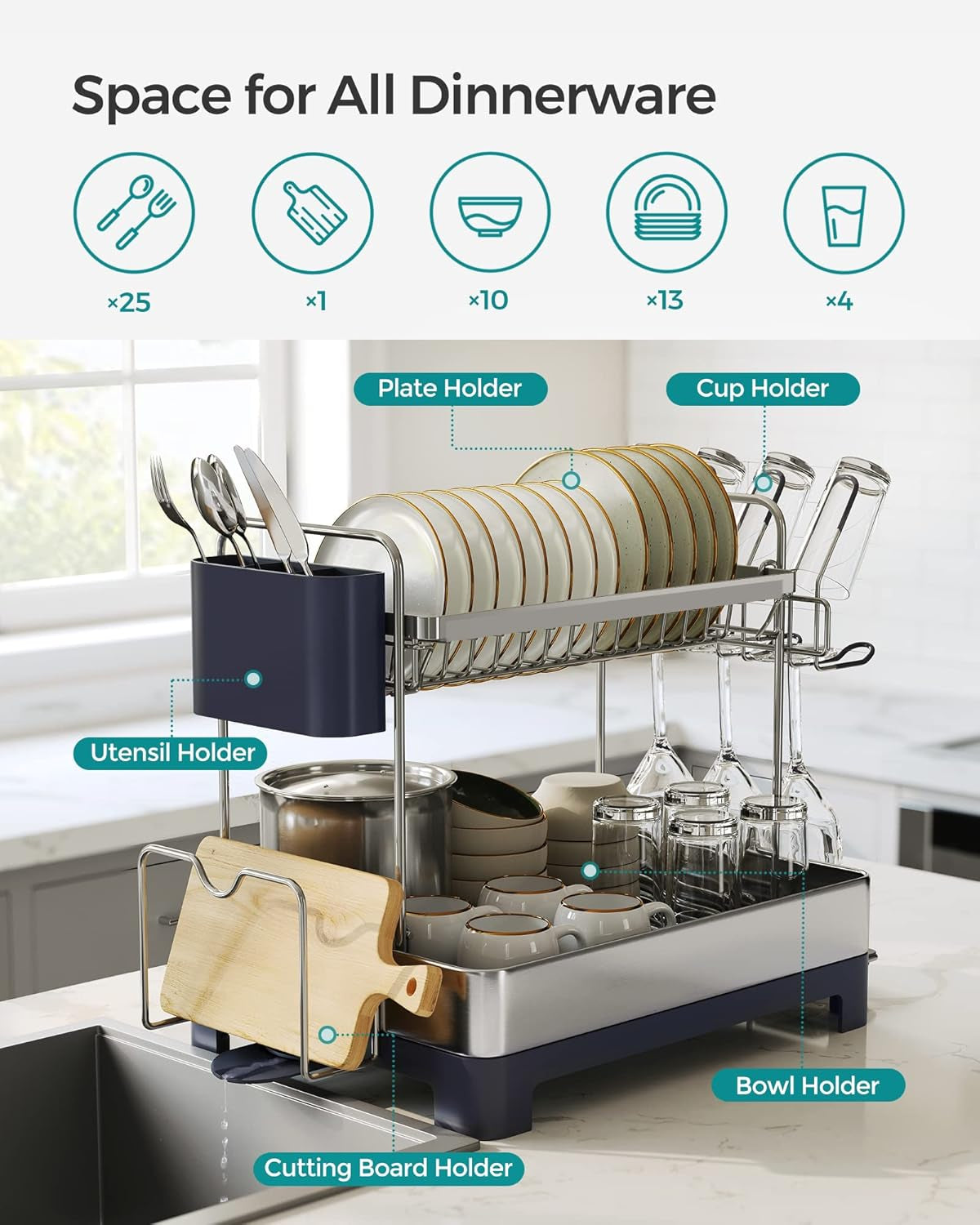 Dish Drying Rack - 2 Tier Dish Rack for Kitchen Counter with Rotatable and Extendable Drain Spout, Dish Drainer with Utensil, Cup, Glass, Cutting Board Holders, Silver and Gray UKCS032E01