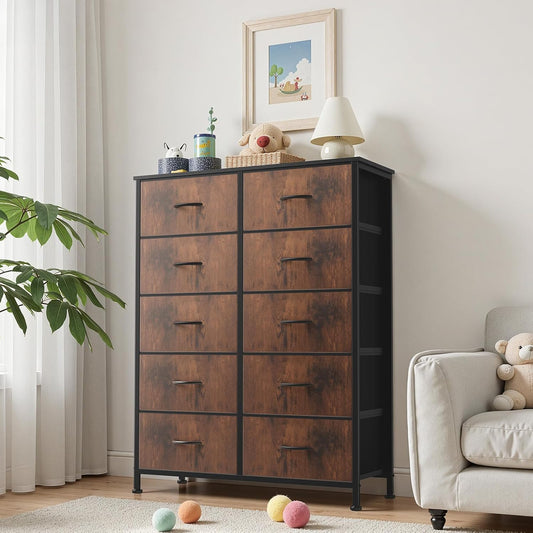 10 Drawer Fabric Dresser Storage Tower with Bins, Tall Chest Organizer for Bedroom Closet Hallway, Steel Frame Wood Top Easy Pull Handles,Black-Brown